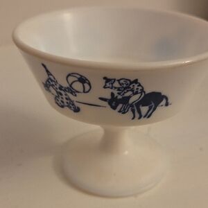 Vintage White Pedestal Bowl with Blue Animal  And Clown Design